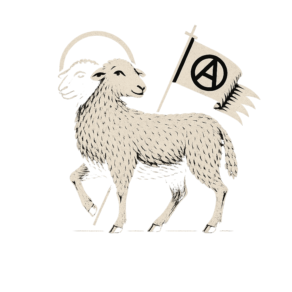 The Unruly Thread two-headed lamb — the Agnus Dei subverted: one head in light, one in shadow, one halo, carrying an intact anarchist flag.